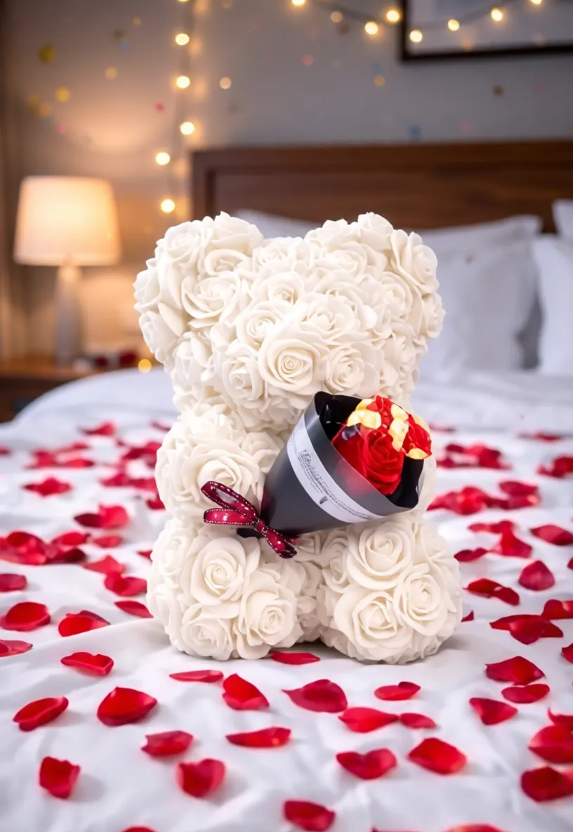 Rose bear with a bouquet of everlasting flowers